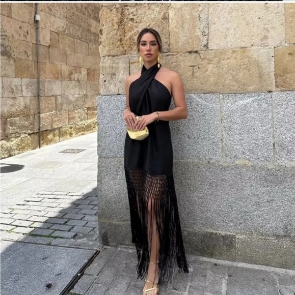 Zara halter * linen dress with fringe black size XS - Picture 6 of 16